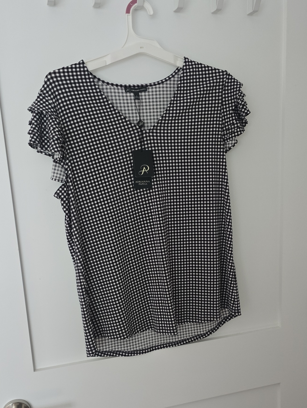 Adrianna Papell Black & White Gingham V-Neck Ruffle Sleeve Blouse